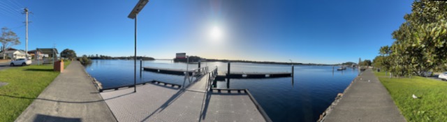 Jetty and dock panorama on a sunny day at Tea Gardens